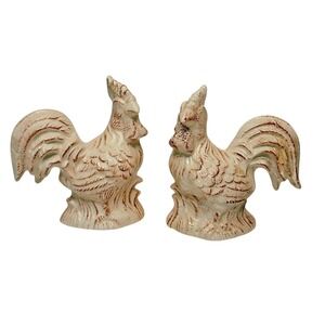 *Ceramic Rooster‎ Salt Pepper Shakers 5" Faux Aged White Brown Country Farmhouse